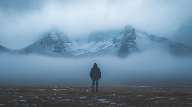Silhouette of a man standing with foggy mountains in the background