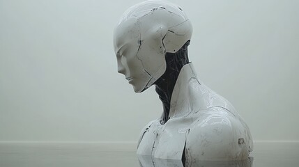 White Robot in a Foggy Landscape