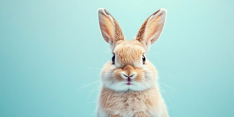 Obraz premium An adorable croffle on a soft blue background, emphasizing its cute features and happy expression. The upper part of the image is clear for text or other additions.