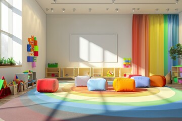 Picture of preschool playroom with colorful furniture and toys around empty kindergarten. 3d rendering