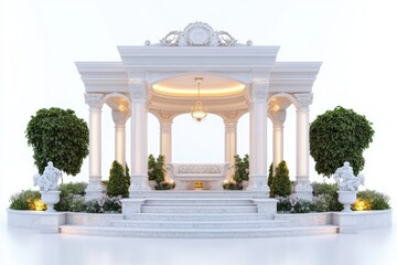 Luxurious garden pavilion featuring marble flooring, intricate sculptures, and regal decor, presented in a photorealistic style