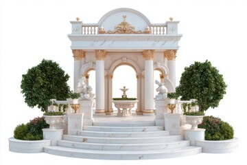 Obraz premium Luxurious garden pavilion featuring marble flooring, intricate sculptures, and regal decor, presented in a photorealistic style