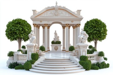 Obraz premium Luxurious garden pavilion featuring marble flooring, intricate sculptures, and regal decor, presented in a photorealistic style