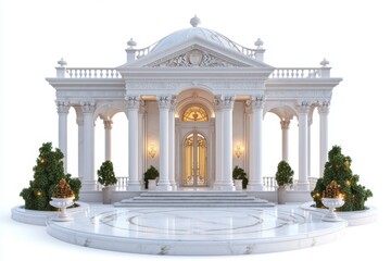 Luxurious garden pavilion featuring marble flooring, intricate sculptures, and regal decor, presented in a photorealistic style