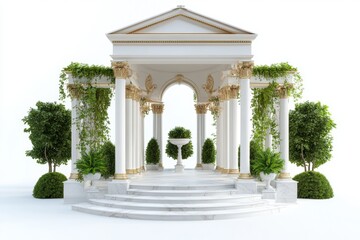 Obraz premium Luxurious garden pavilion featuring marble flooring, intricate sculptures, and regal decor, presented in a photorealistic style