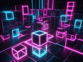 3D abstract background with neon lights neon cubes spa