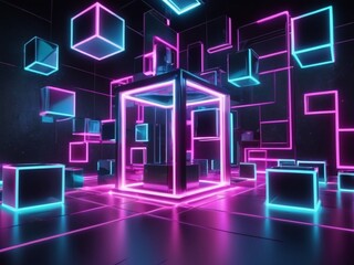 Fototapeta premium 3D abstract background with neon lights neon cubes spa