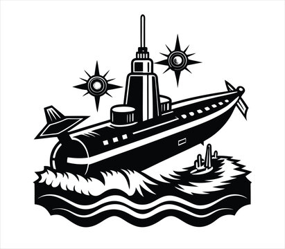 black submarine on waves clip art preview