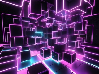 3D abstract background with neon lights neon cubes spa