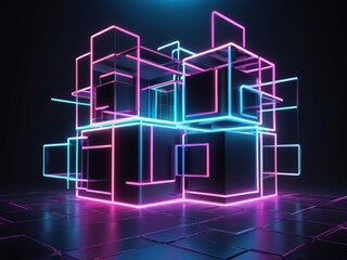 Fototapeta premium 3D abstract background with neon lights neon cubes spa