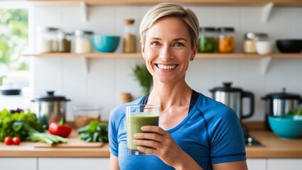 Woman in workout clothes with healthy vegetable juice