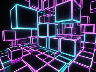 3D abstract background with neon lights neon cubes spa