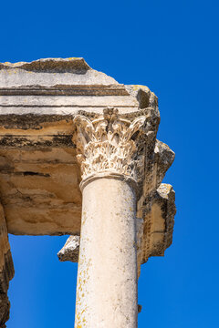 Dougga, Beja, Tunisia. Column at the Temple of Juno Caelestis at the Roman ruins.