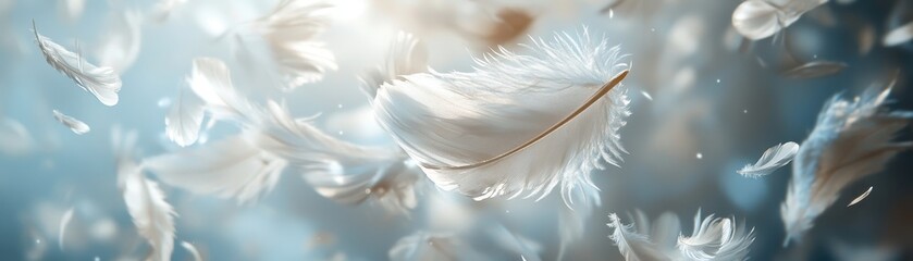 Obraz premium Ethereal White Feathers Floating in Soft Light with a Dreamy Background