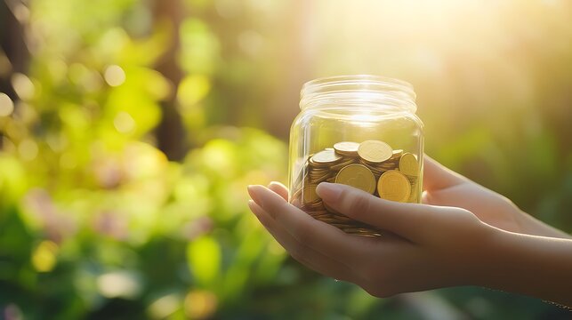 A serene image of hands clasping a coin-filled jar, reflecting the concept of financial stability and secure savings, with a peaceful outdoor background