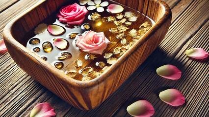 wooden foot bath with aromatic oils and petals floating in the water.