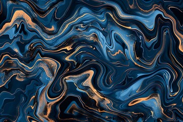 Fototapeta premium Blue and brown marble pattern, dark blue background, fluid swirls and patterns, high contrast, 