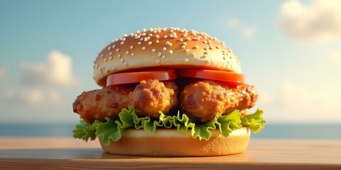 A delicious crispy chicken burger with lettuce against a beach view, perfect for food commercial advertisement, highlighting a fresh and appetizing summer meal