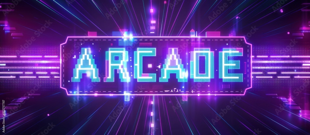 Poster arcade pixel text amidst abstract background