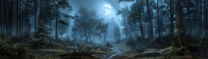 Obraz premium Enchanted forest under a full moon, with mystical fog and eerie atmosphere, perfect for fantasy, mystery, and nocturnal scenery themes.