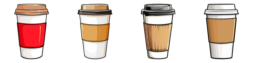 Illustration of various coffee cups in different colors and styles. Coffee, beverage, drink concept