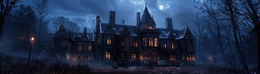 Eerie Victorian mansion lit at night amidst a foggy, moonlit forest, creating a spooky, mysterious atmosphere perfect for creepy scenes.