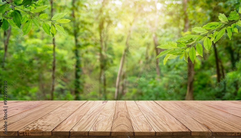 Wall mural Empty wood table top with blur background of nature lush green forest. The table giving copy space for placing advertising product on the table along with beautiful green forest nature background.