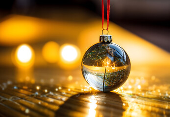 Clear Christmas bauble with warm golden backdrop