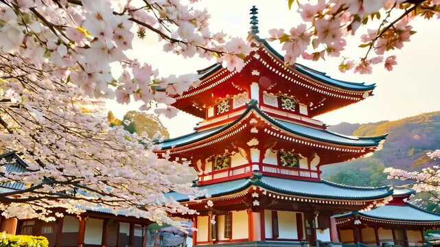Cherry blossoms bloom near traditional pagoda in Japan during sunset