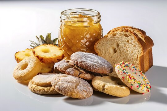 A scrumptious display of freshly baked bread, golden cookies, and a jar of homemade pineapple jam