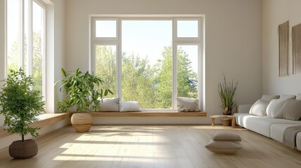 Fototapeta premium An open, airy living room with sparse furniture and a large window, emphasizing the zen of uncluttered spaces.