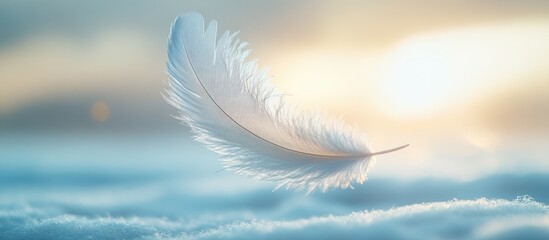 Delicate White Feather Floating in Soft Focus Against a Serene Sunset Background