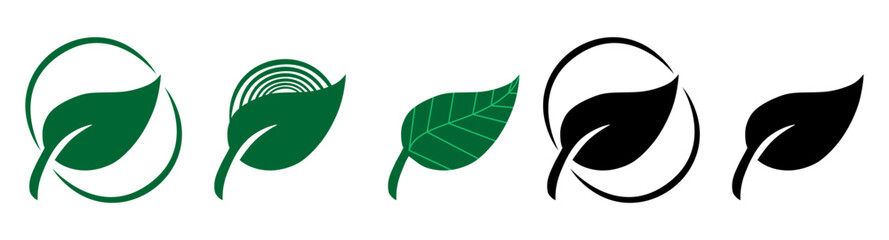 Green leaf and arrow icons for biodegradable recyclable organic bio package, vector labels. 