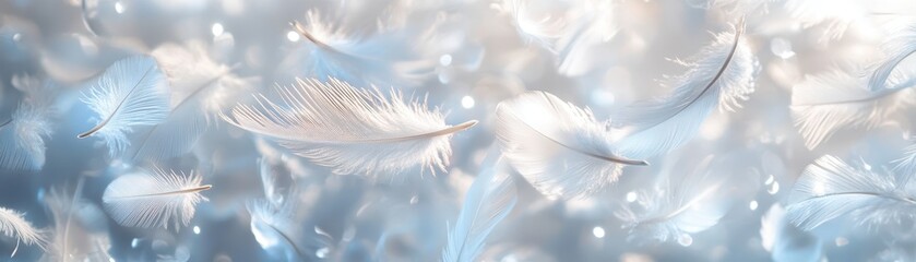 Naklejka premium Ethereal White Feathers Floating in Soft Light with Sparkling Bokeh Background