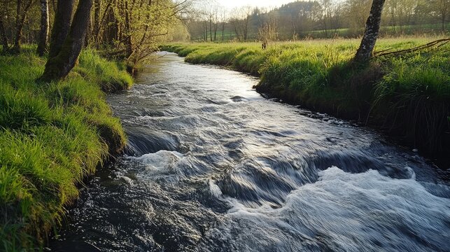 Image of a smoothly flowing river with continuous movement, capturing the essence of perpetual motion in nature.