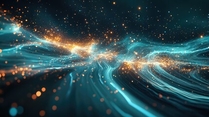 Image of a starry sky with dynamic, flowing nebulae and light trails, showing the ongoing flux of cosmic energy.