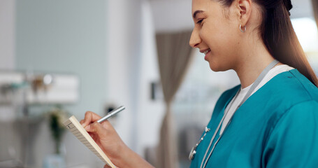 Nurse, medic and writing in folder, hospital or clinic for recovery, wellness or healthcare for...