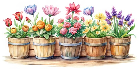 Watercolor s of flowers in wooden pots with a background