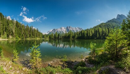 Lake Between Forests And Mountains