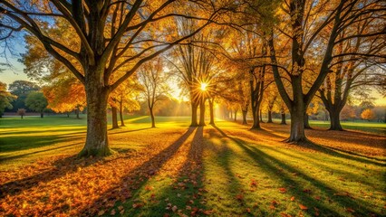 A serene autumn landscape with golden sunlight filtering through trees, casting long shadows on the grassy ground, creating an enchanting atmosphere