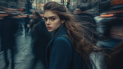 Urban Stillness: A Solitary Girl in Vintage Blue Coat Amidst the Rush – Perfect Poster for Sports Interior, Capturing the Contrast of Calm and Motion in City Life