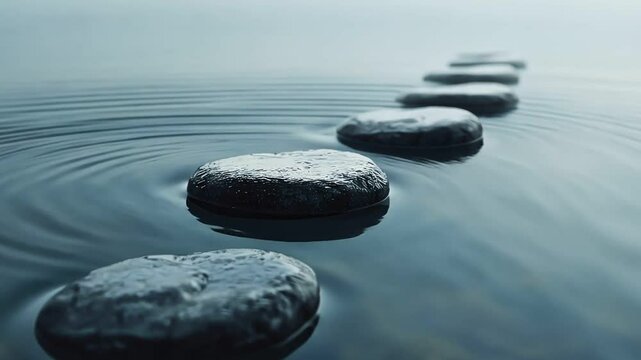 Serene path of stones on water creating peaceful ripples in a calm