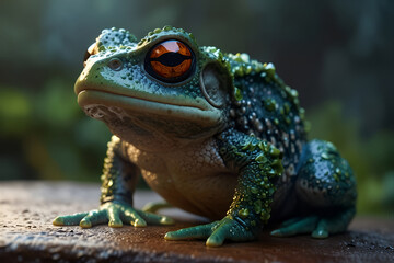 Fototapeta premium a frog with a big orange eye and a black eye and brown eyes A Mystical, Two-Legged Frog Wizard with 