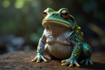Fototapeta premium a frog with orange eyes and a black background A Mystical Frog Wizard with Mana Powers Arrives