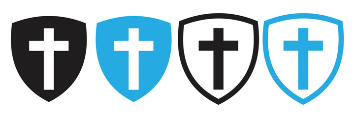 Shield with cross icon vector set. Christian cross and shield of faith. Vector illustration. 