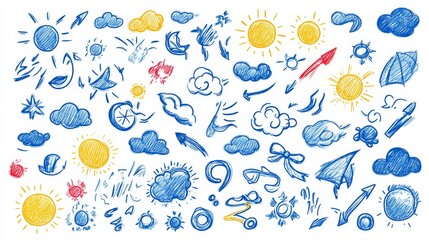 Fototapeta premium Whimsical Hand-Drawn Weather Map with Sun, Rain, and Wind Icons for Creative Forecasting | Fun Weather Clipart Illustration.