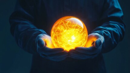 Fototapeta premium Harnessing the Power of Electricity Safely - Hands in Protective Gloves Holding Glowing Energy Orb for Safety Concept