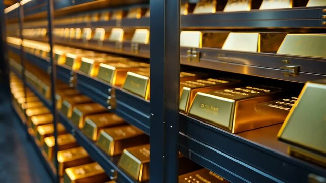 Stacked gold bars in a dimly lit vault, capturing the essence of wealth, security, and opulence