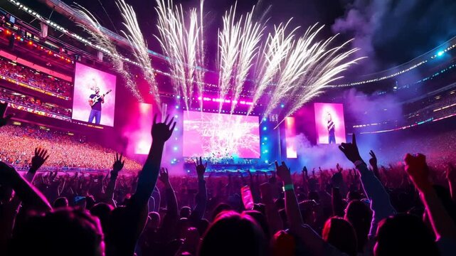 a live music event in a large stadium, with a massive stage illuminated by dynamic lights,