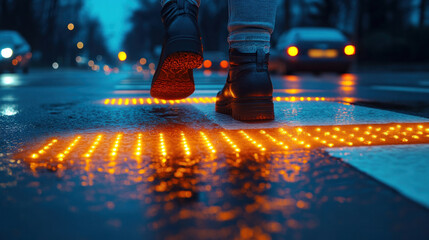 A pedestrian crossing with smart technology to assist people with disabilities in crossing safely.
